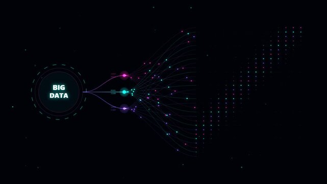 Big data visualization with glowing digital network nodes. Futuristic information flow and complex data processing concept. Abstract tech background for corporate software presentations.