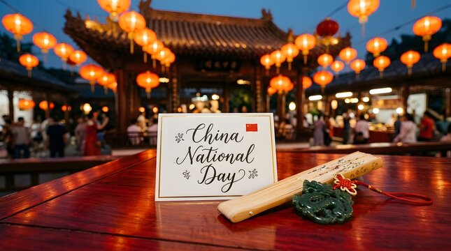 China National Day greeting card placed on wooden table next to traditional folding fan with jade ornament in temple setting