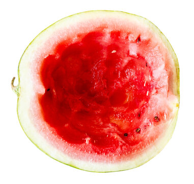 top view of empty eaten half watermelon isolated on white background