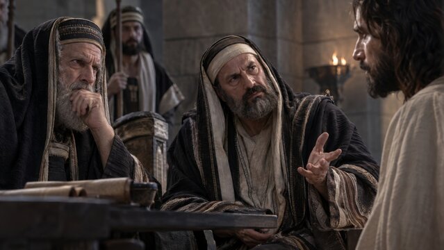 Jesus Christ talking with pharisees and scribes in ancient temple. Biblical scene of religious debate and interrogation in Jerusalem.