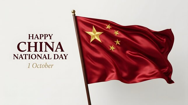 Waving red silk flag of China featuring five golden metallic stars displayed elegantly against a clean bright studio background surface