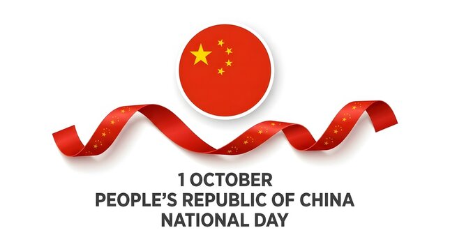 Vibrant Chinese national day celebration featuring a glossy circular flag emblem and flowing red ribbon decorated with golden star patterns