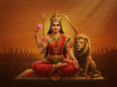 Goddess Durga sitting with lion holding trishul and golden sword on warm orange background