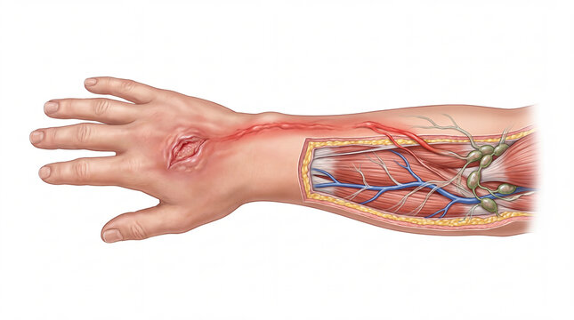 Lymphangitis spreading from an infected wound on the hand, medical illustration with forearm cross section showing inflamed red lymphatic vessels, nodes, and muscles for clinical study