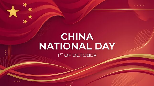 Elegant China National Day banner design featuring golden stars and flowing red silk ribbons on a deep crimson luxury background