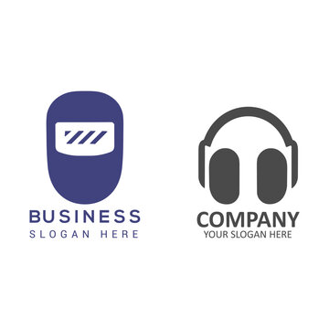 Set of welding mask and headphones icons for industrial safety and protective equipment logos