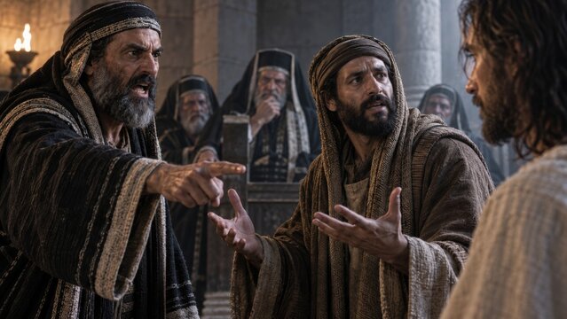 Angry pharisee pointing finger at Jesus Christ during biblical trial. Men in ancient robes arguing in temple court. Religious conflict, accusation and judgment scene.
