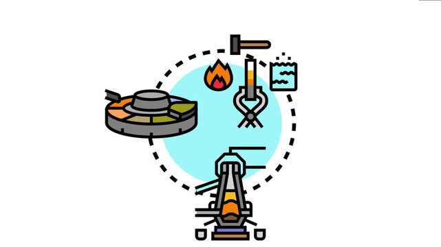 Metallurgy process metalworking operations from heating and shaping metal using a hammer to pouring molten metal into a mold for casting, symbolizing industry production