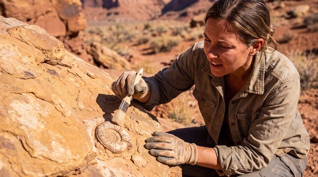A female paleontologist carefully uses a brush to clean an ancient ammonite fossil embedded in a desert rock formation under bright sunlight.