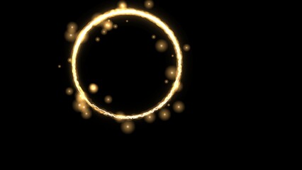 Glowing golden ring of light with sparkling particles and bokeh orbs isolated on a solid black background, for overlay effects © MdShafiqul