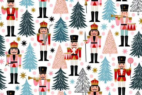 Christmas nutcracker toy soldiers and festive pine trees seamless pattern