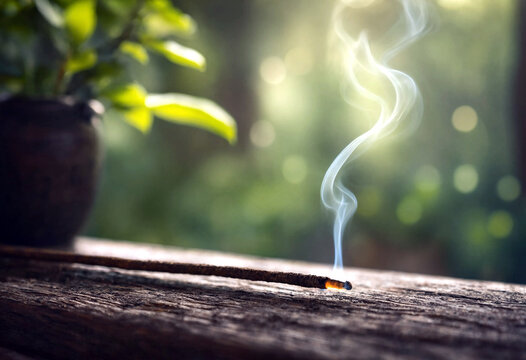 Burning incense stick with rising smoke on wooden surface in natural sunlight