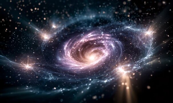 Spiral galaxy forming in deep outer space with stars and cosmic dust, representing astronomy, universe, and infinity