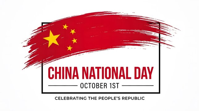 China national day celebration banner featuring a vibrant red brush stroke design with bright yellow stars on a white background