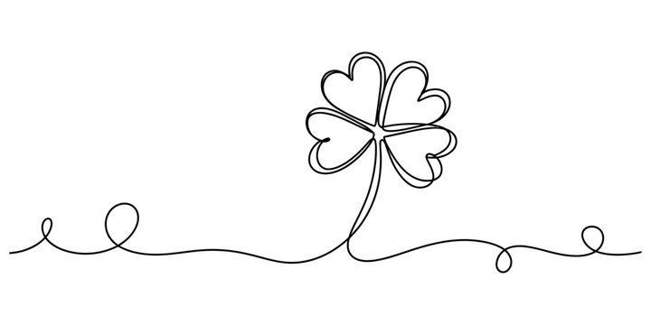 Continuous line drawing of four leaf clover growing from wavy loop path as minimalist symbol for luck saint patrick day celebration cards.