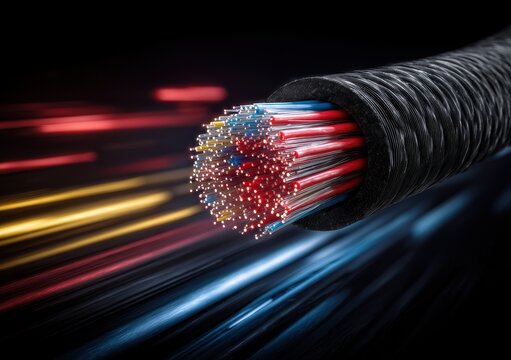 Fiber optic cable cross-section glowing with red and blue light beams for high-speed data transmission. Perfect for telecommunications and internet connectivity themes.