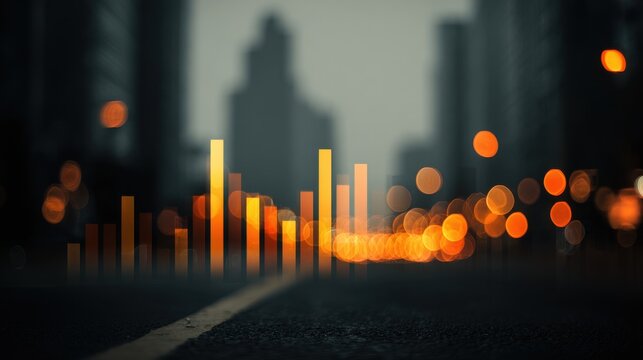 Glowing financial bar charts overlaid on a blurred city street at night with bokeh lights. Perfect for economic growth and urban business concepts.