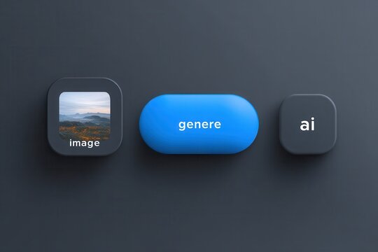 Minimalist 3D buttons display artificial intelligence image generation concept on dark background. Ideal for digital art and tech presentations.