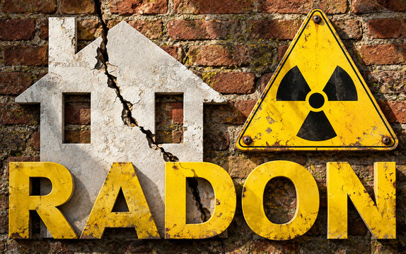RADON GAS HAZARD CONCEPT WITH CRACKED HOUSE AND RADIATION WARNING SIGN. HOME SAFETY, INDOOR AIR POLLUTION AND ENVIRONMENTAL HEALTH RISK SYMBOL