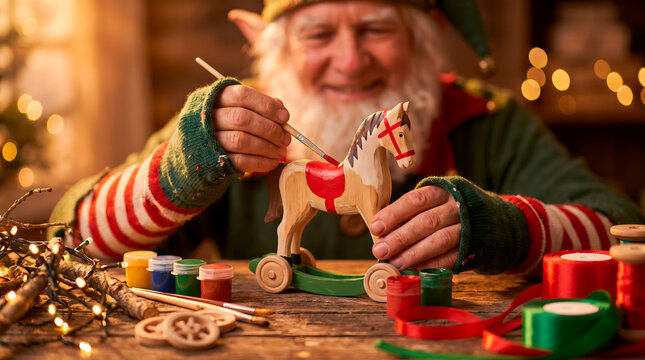 Elderly elf with white beard painting a wooden rocking horse toy in a festive workshop with warm lights