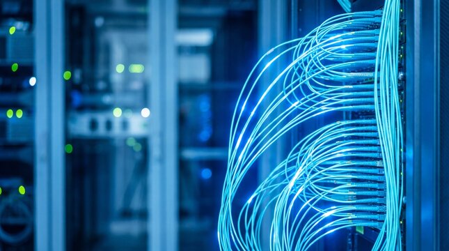 Close up of glowing blue fiber optic cables connected to data center server hardware
