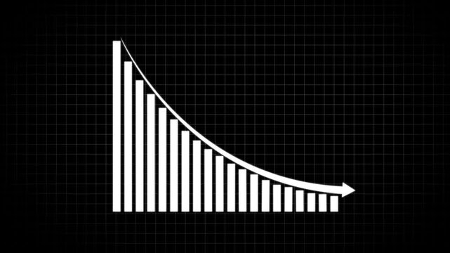 Minimalist white declining bar chart with a downward arrow on a dark grid background.