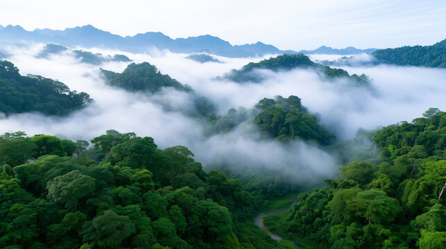 Aerial View of Tropical Rainforest Mountains Surrounded by Dense Morning Mist and Rolling Clouds