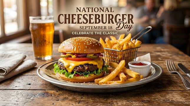 Classic cheeseburger with fries on a metal plate for national cheeseburger day