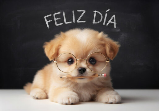 Cachorro tierno con anteojos y lapiz en la boca con mensaje Feliz D&iacute;a en pizarr&oacute;n para el D&iacute;a del Maestro