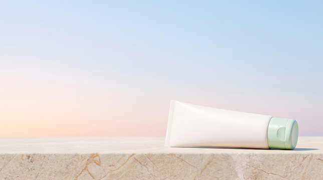 White Cosmetic Tube with Sage Green Cap Lying on Marble Ledge Against Soft Pastel Sunset Sky