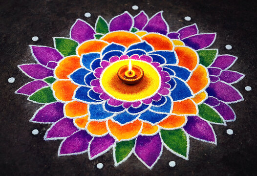 Colorful traditional Indian rangoli design with vibrant petals and a central candle for festive decoration