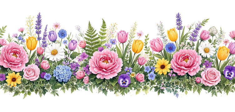 Colorful spring garden border with blooming flowers and lush greenery in a seamless pattern