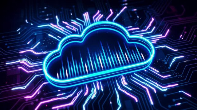 Glowing neon cloud computing technology symbol animation