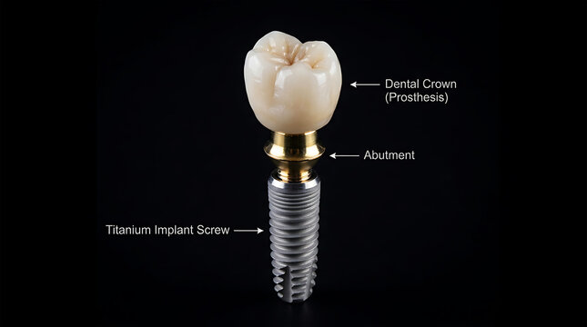 Dental implant model structure showing crown abutment and titanium screw isolated