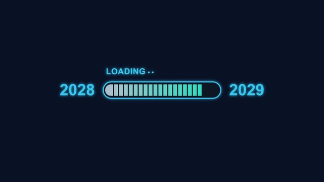 Clean neon loading composition on a solid background that exactly matches the loading bar interior color (dark navy): center cyan neon outlined pill loading bar whose inner vertical segment boxes are