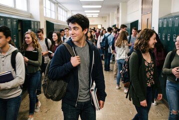 Fototapeta premium A group of teenagers walk through a school hallway filled with lockers. Students chat and carry backpacks and books. The atmosphere shows typical life in a school setting
