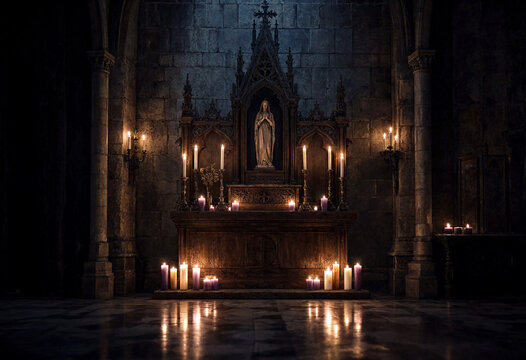 Dark stone church interior with candlelit altar and religious statue creating a serene spiritual atmosphere