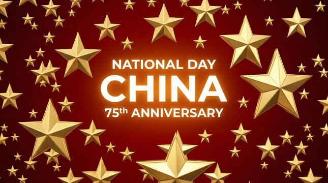 Golden metallic stars arranged artistically on a deep red background celebrating the seventy fifth national day anniversary of China festivities