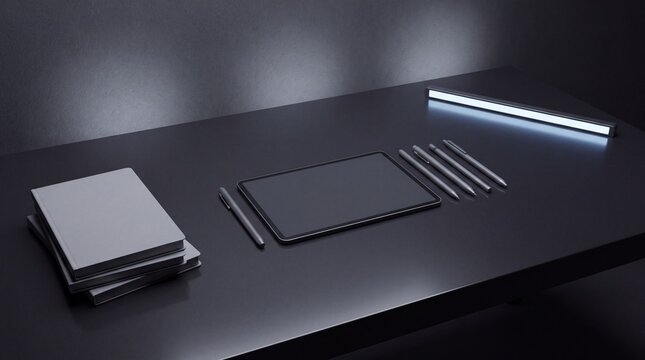 Dark office desk with tablet, pens, and stacked notebooks under a bright linear light