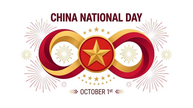 China national day celebration banner featuring an elegant infinity symbol with a golden star and festive fireworks on white background