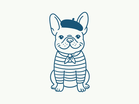 Cute french bulldog wearing a beret and a striped shirt in a cartoon style illustration handdrawn doodle
