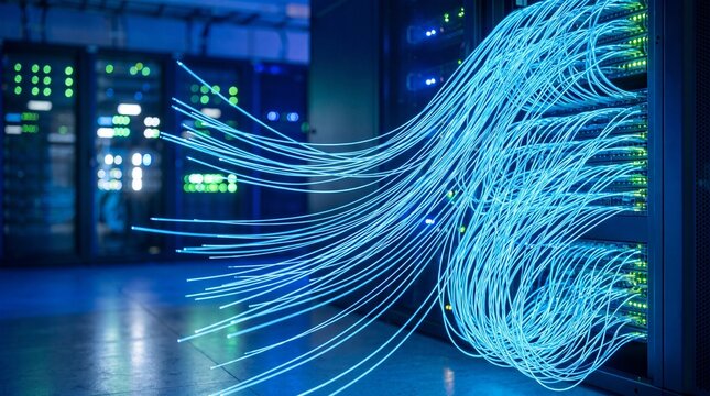 Data center server room with glowing blue fiber optic cables connected to hardware