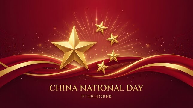 Shining golden stars arranged beautifully on a deep red background with elegant flowing curves to celebrate China national day event