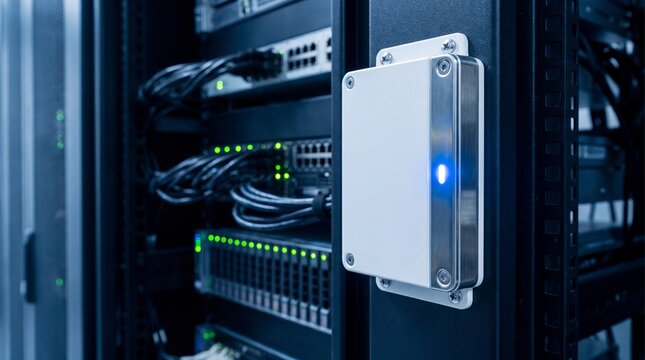 Detail of a white network device with a glowing blue light mounted on a server rack frame