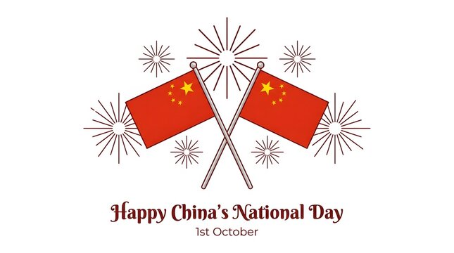 Crossed national flags of China displayed proudly during festive celebrations with vibrant fireworks background for annual national day holiday event