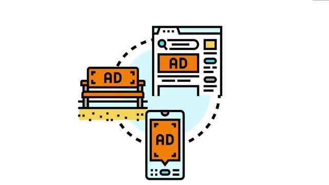 Digital advertising concept messages appearing on a web browser, a public bench, and a mobile phone, adapting marketing content to various platforms