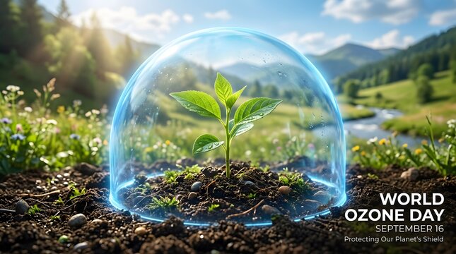 Small green plant growing under protective glass dome in nature with ozone layer