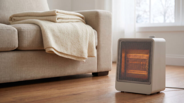 Compact electric heater warming a cozy living room next to a comfortable sofa with a soft blanket