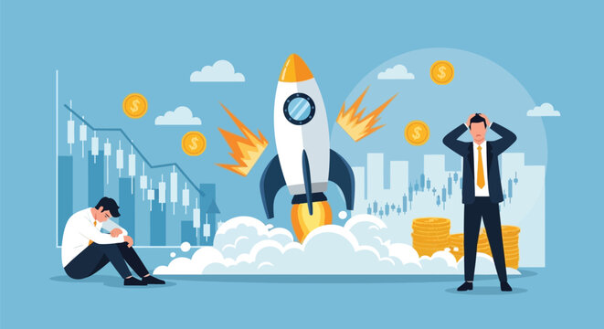 Stock market crash concept with rocket explosion and stressed businessmen watching falling financial charts and rising inflation rates in flat vector style.