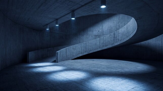 Empty spiral concrete ramp in a dark underground parking garage with spotlights architecture